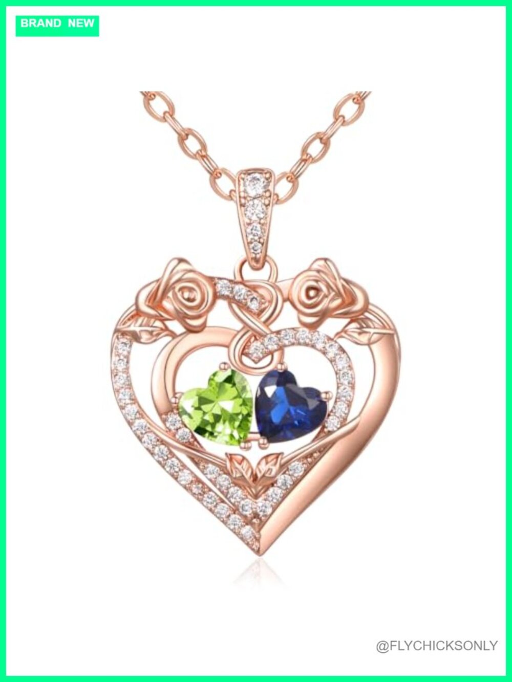 14K Rose Gold Double Heart Birthstone Pendant Necklace Gift for Wife Mom